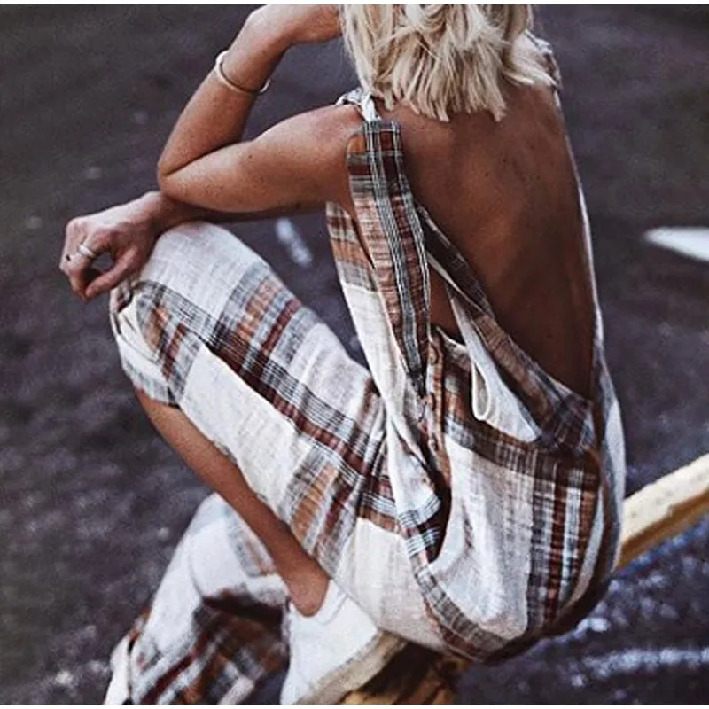 

Sexy Backless Cotton Plaid Loose Women Playsuit 2019 Summer Hollow Out Pockets Buttons Pocket Bow Tie Lady Female Casual Overall
