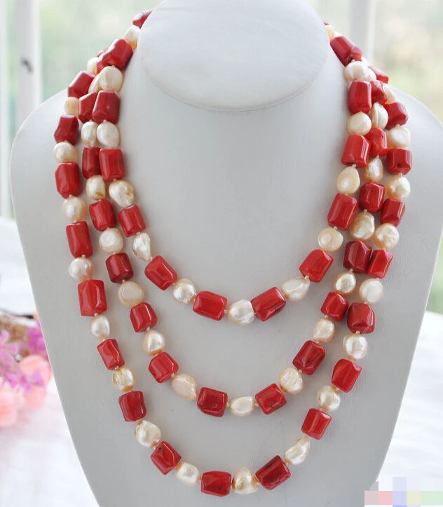 

FREE SHIPPING>@@> 1128 red cylinder coral pink baroque pearl necklace