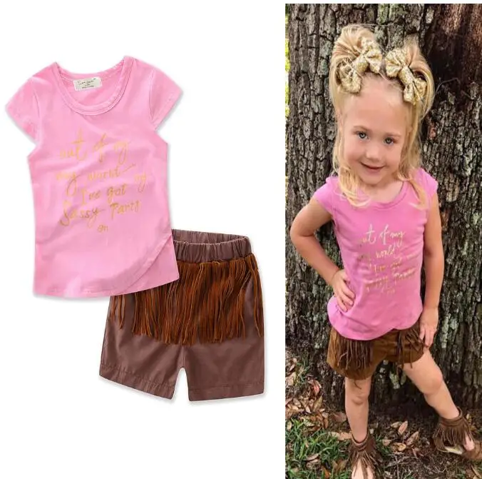 5sets/lot toddler girls clothing sets summer sleeveless (shirt+shorts) tassel baby kids set 2 7T