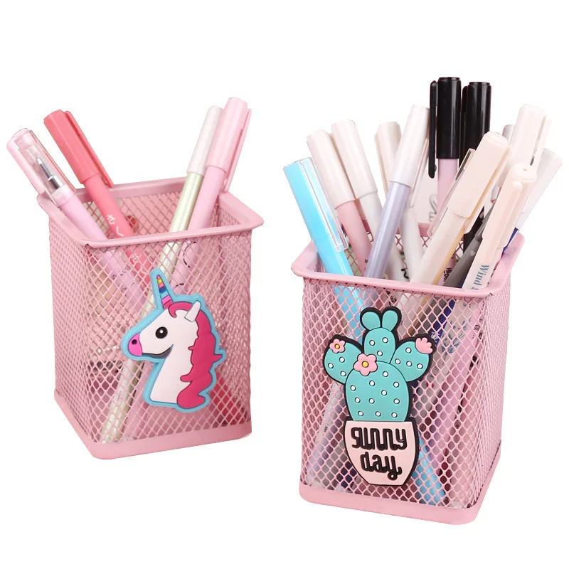 Pink Unicorn Cactus Flamingo Square Desktop Pen Holder Office School Metal Makeup Brush Storage Case Desk Pen Pencil Organizer