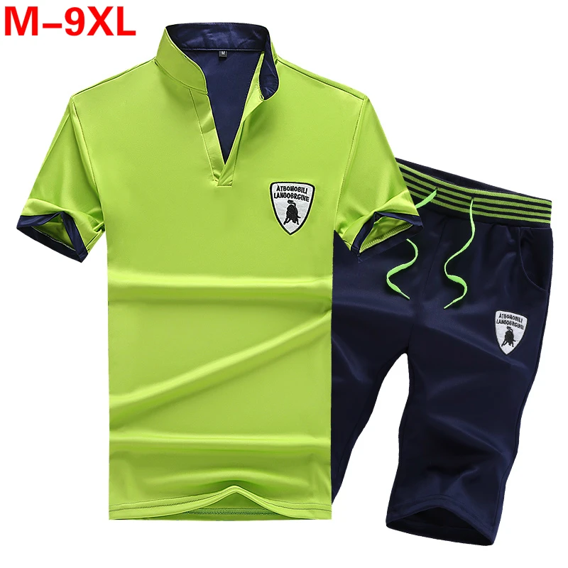 

Tracksuit Men Summer Big Size 9XL 8XL Sweat Suits 2PC Top+Shorts Breathable Short Set Men's Causal Sportswear Tops Short