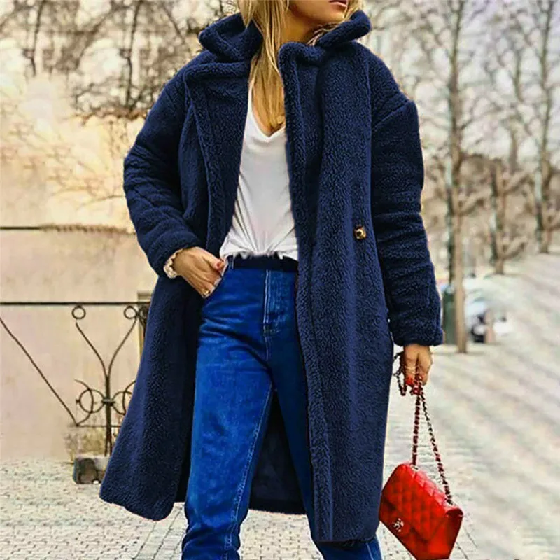 Ladies' Fleece Winter Coat New Sexy V-neck Soild Color Thick Wool Overcoat Female Fashionable Long Sleeves Warm Topcoat Hot Sale