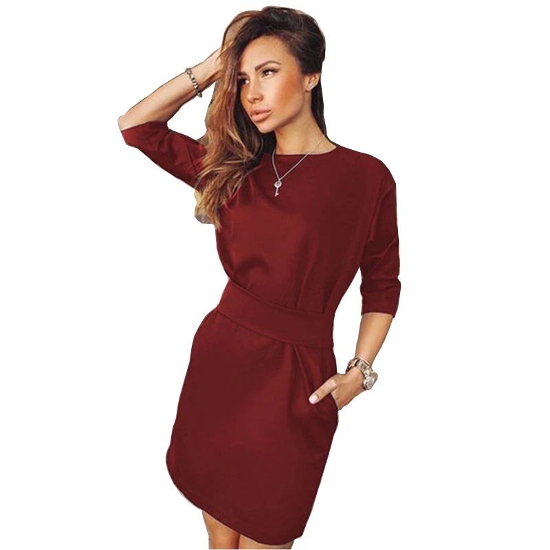 

2019 Summer Women Fashion Casual Mini Dress Half Quarter Sleeve Red&Black&Blue Sashes Dresses Plus Size Clothing
