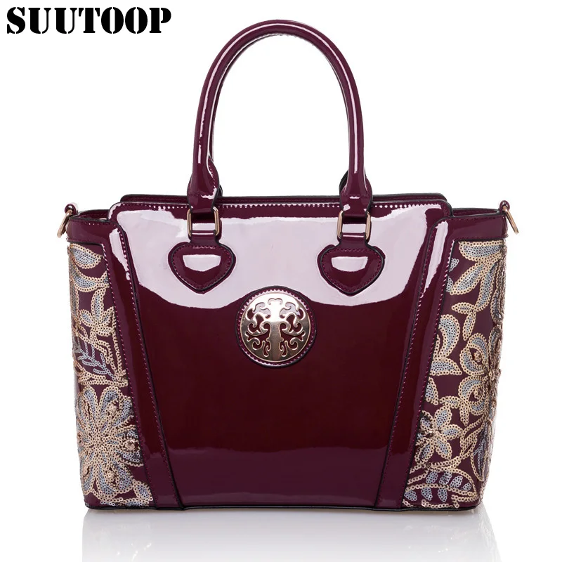 

2019 Europe women sequin embroidery luxury patent leather handbag messenger bags printing retro big capacity bolsas femininas
