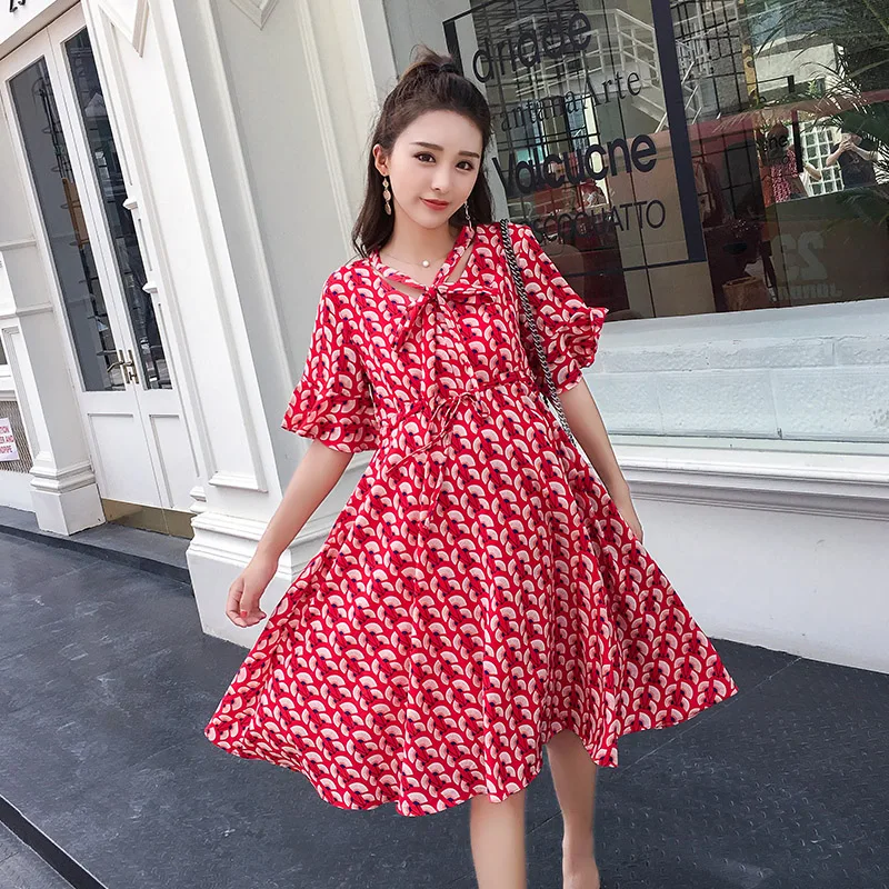 

6757# Elegant Printed Chiffon Maternity Dresses 2019 Summer Korean Fashion Clothes for Pregnant Women Sweet Pregnancy Clothing