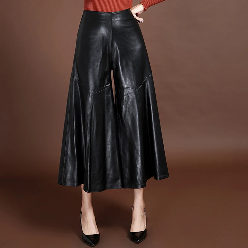 2019 High Quality Luxury Women Ankle-Length Trousers Genuine Leather High Waist Wide Leg Pants Loose Streetwear Pantalones Mujer 2019 High Quality Luxury Women Ankle-Length Trousers Genuine Leather High Waist Wide Leg Pants Loose Streetwear Pantalones Mujer