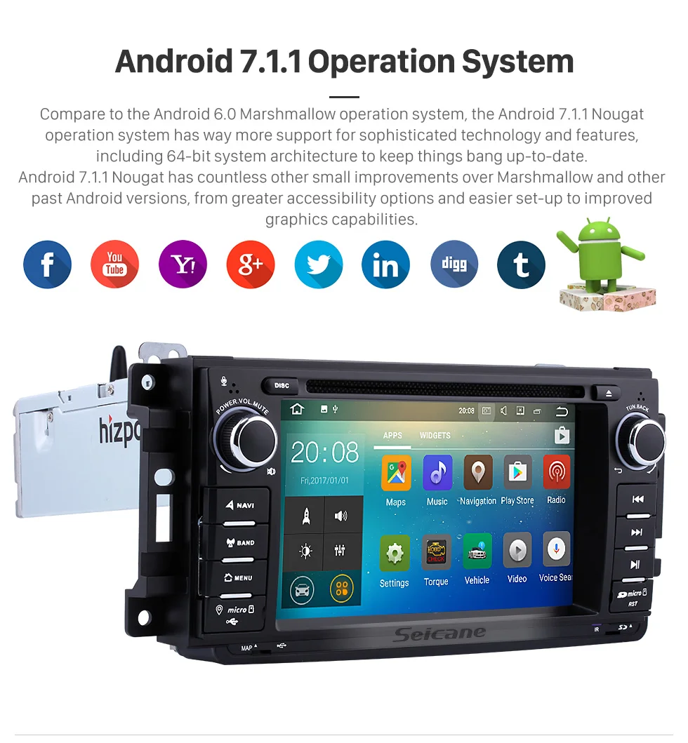 Top Seicane 7" Android 7.1 1 DIN car DVD Radio GPS Bluetooth System for Jeep Grand Cherokee with USB WIFI AUX Support DAB 1080P DVR 5