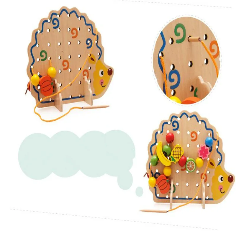 Wooden Fruits and Vegetables Lacing Stringing Beads Toys with Hedgehog Board for Toddlers Kids Children (10)