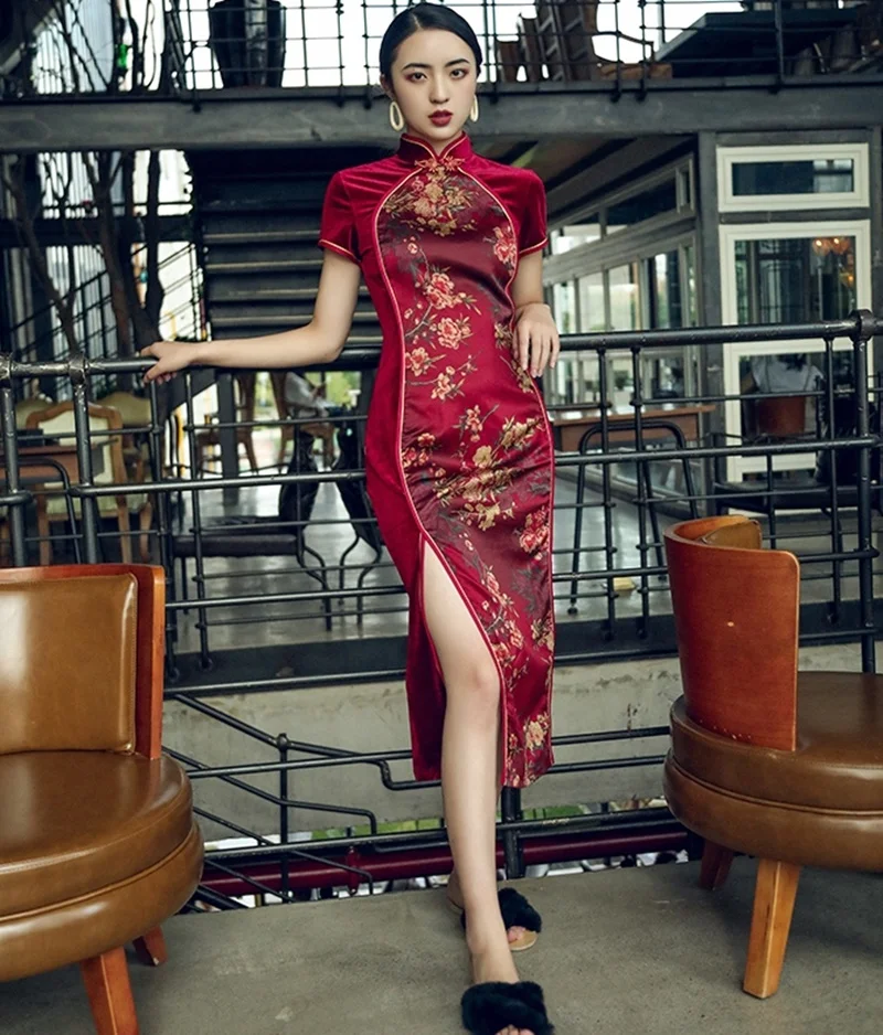 Китайское стильное платье Cheongsam Qipao бархатное лоскутное платье с разрезом миди элегантные китайские платья вино сексуальное восточное платье FF1751