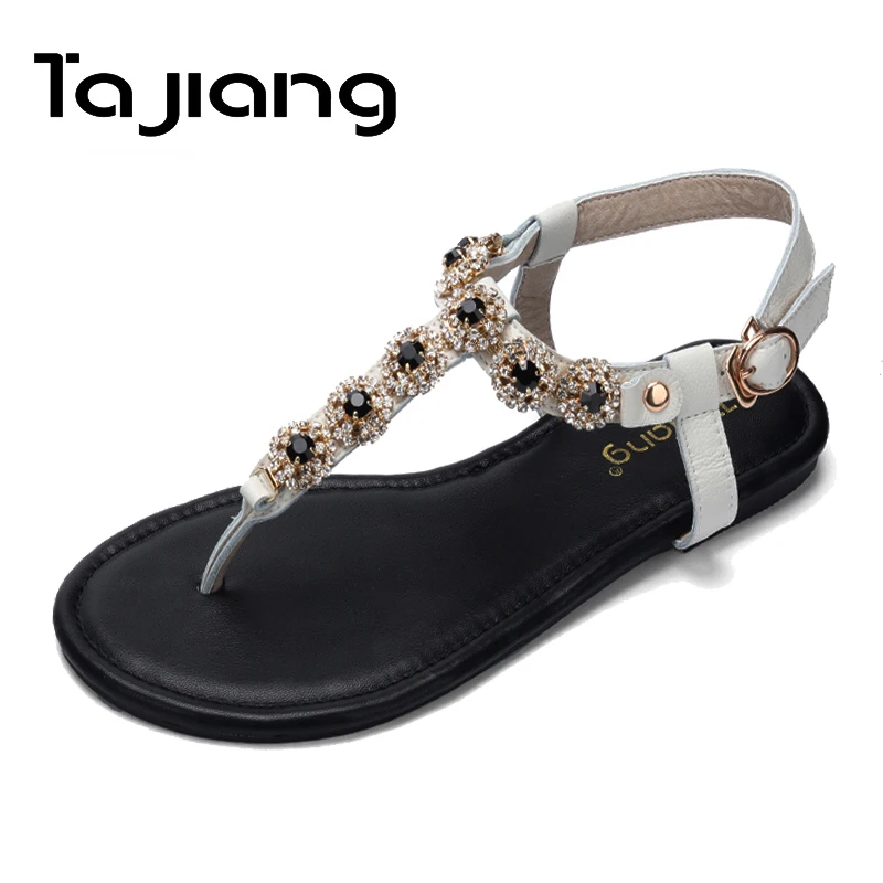 تا جيانغ حقيقية جلد البقر النساء اللباس بلورات الصنادل الصيف أحذية امرأة صنادل طراز جلاديتور السيدات الفتيات الشاطئ صندل مسطح