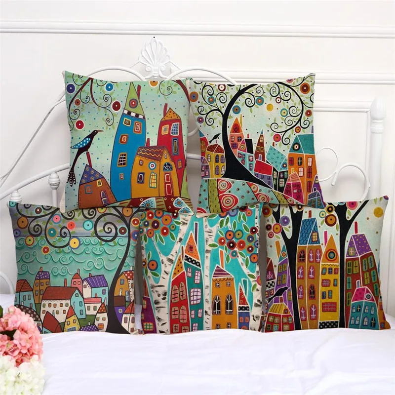 RECOLOUR Linen Pillow Cover Vintage European Building Style Pattern Cushion Home Decorative Cheap Case 45x45cm | Дом и сад