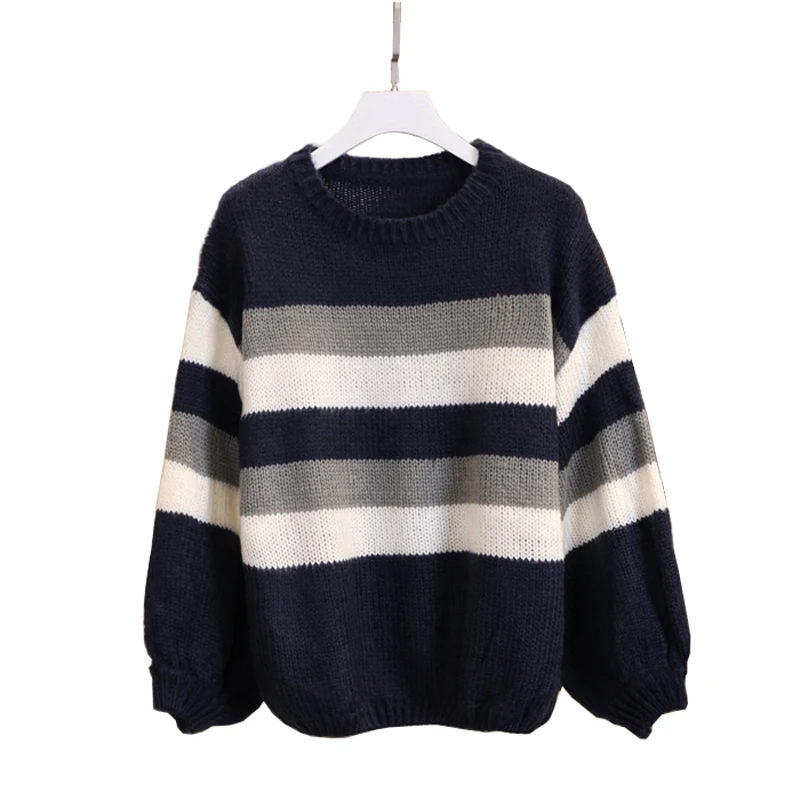 

PERHAPS U women sweater knitted pullovers long sleeve navy blue striped loose winter casual M0037