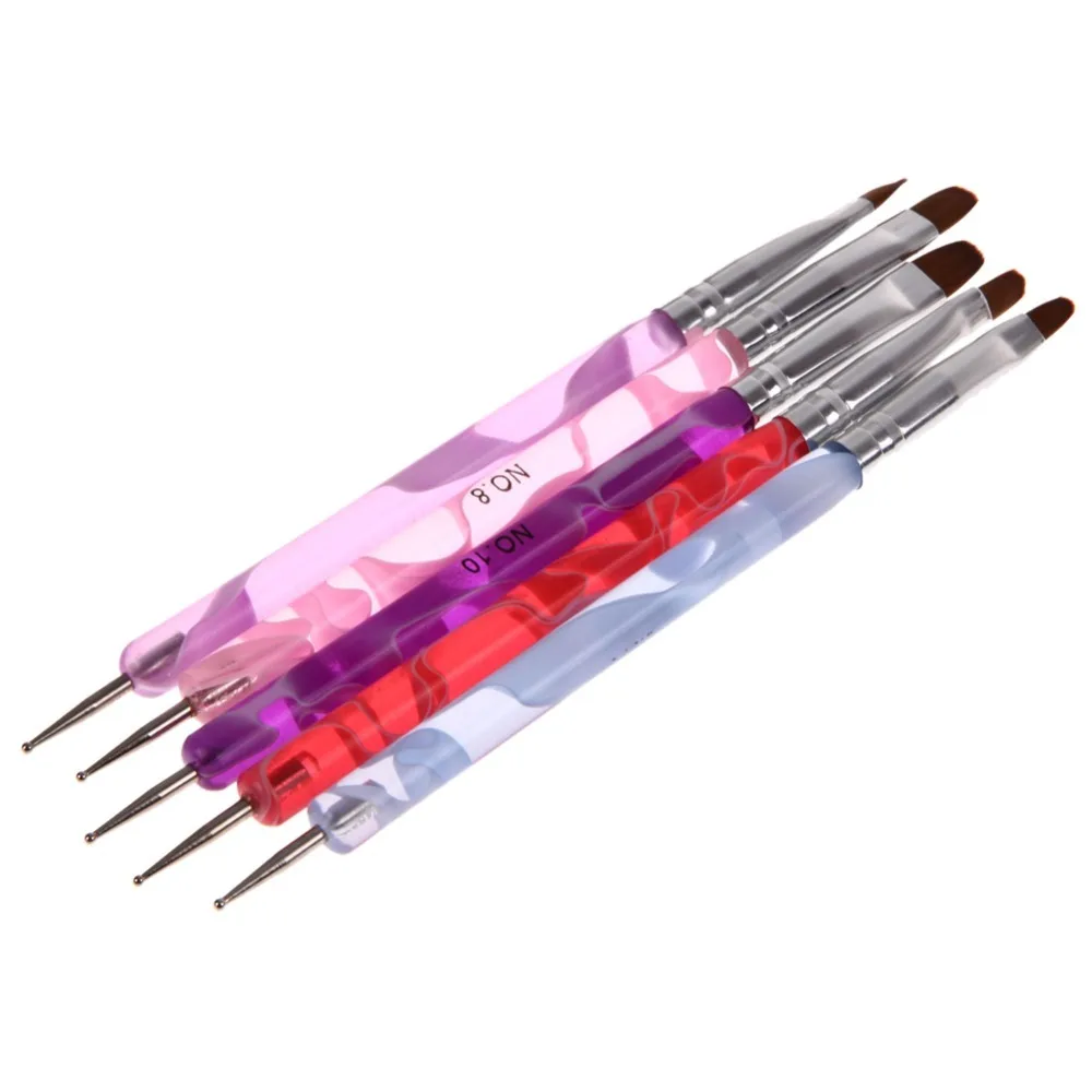 5pcs 2Ways Marbleizing Pen UV Gel Polish NailArt Dotting Brush Builder Liner Design Tool Acrylic Nail Brushes Dropshipping | Красота и
