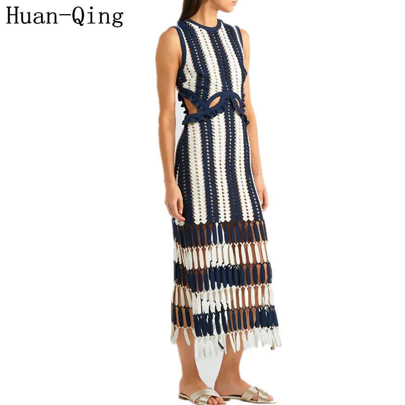 

Sexy Hollow Out Design Tunic Slim Sleeveless Tank Long Dress Women Runway Hit Color Striped Tassel Vestido Elegant Party Dresses