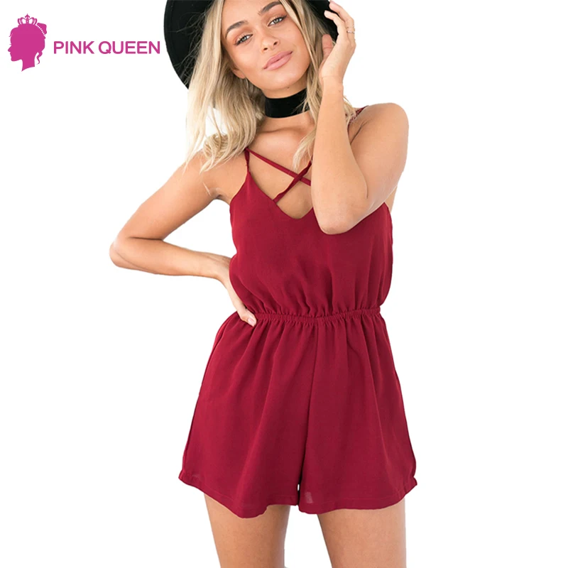 

Summer Fashion Cross Adjustable Strap Playsuits Women Sexy Backless Solid Loose Leg Elastic Waist Romper Jumpsuit