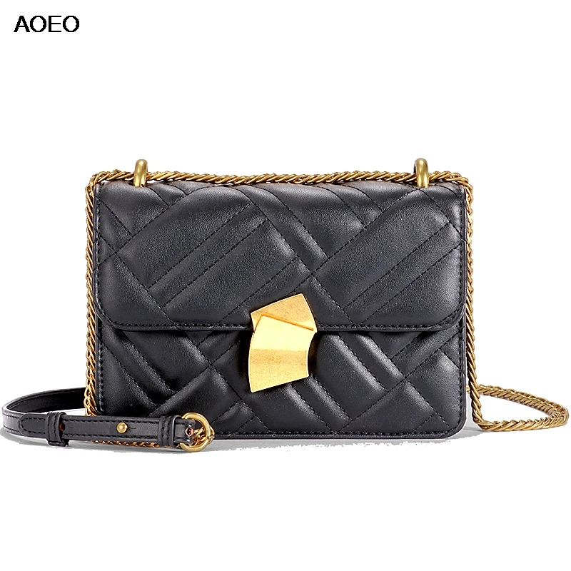 

AOEO Diamond Lattice Chain Women Shoulder Bag Sling Small Lady Handbag Luxury Split Leather High Quality Female Crossbody Bag