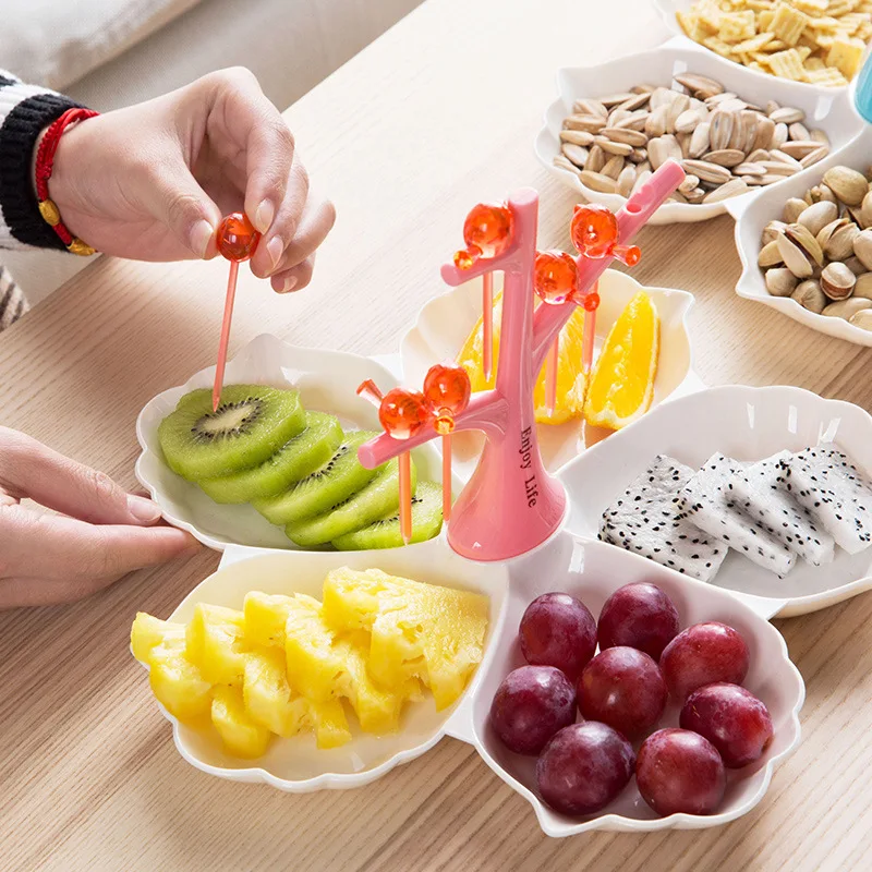 

Creative Snack Dish Five lattice Family Fruit Dessert Nuts Plate Home Party Servicing Tray Pick Fork Bird Christmas Candy Tree