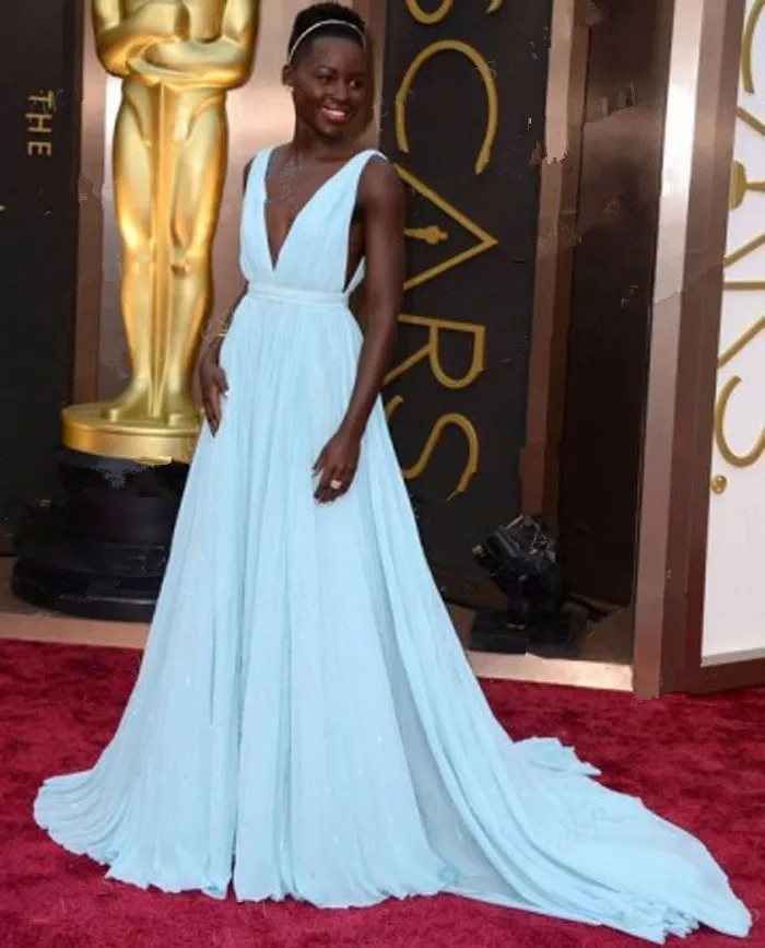 A Line Глубокий v-образный вырез V Back Lupita Nyong'o Oscars светло-голубое красное ковровое платье платье знаменитостей платья для выпускного вечера