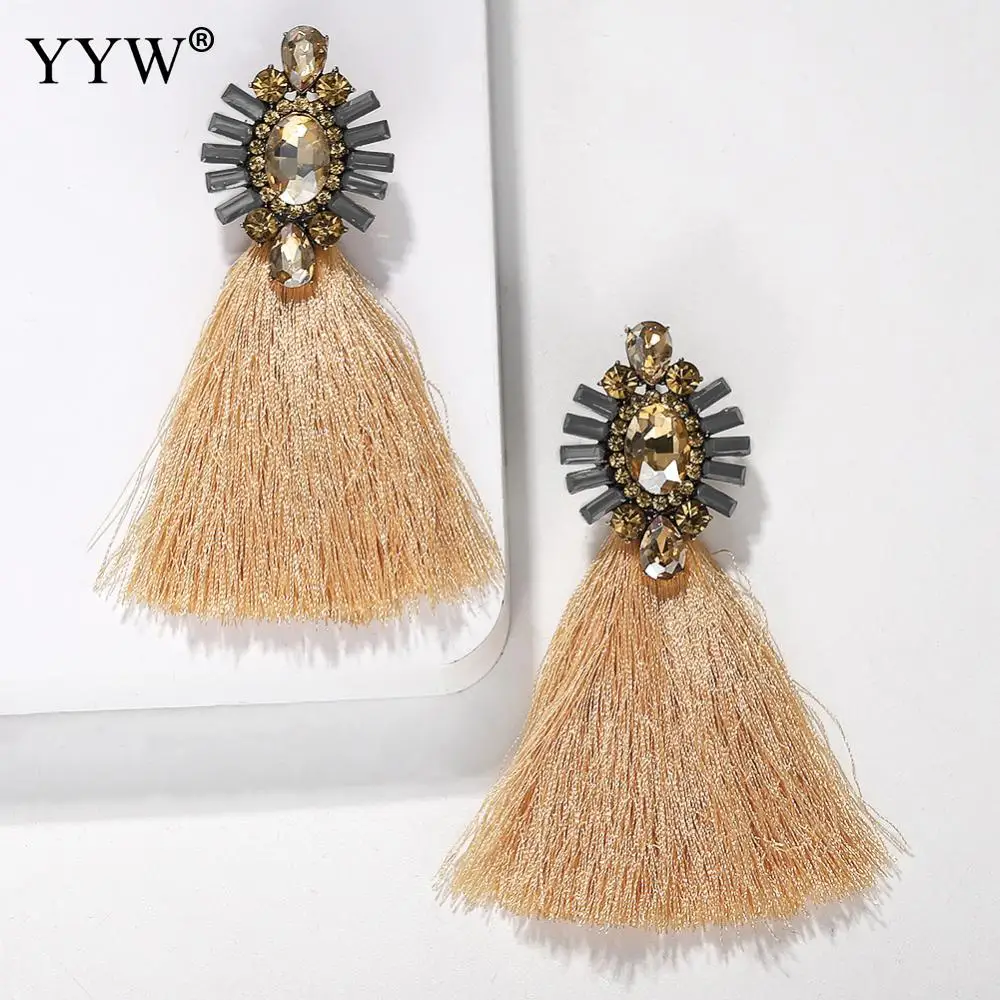 

Bohemian Tassel Earrings Crystal Long Drop Earrings For Women Colorful Cotton Fabric Fringe Earrings 2019 Fashion Woman Jewelry