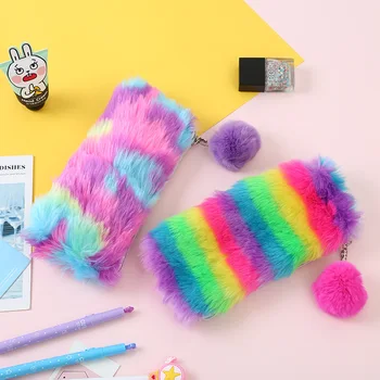 

Cute Plush School Pencil Case Rainbow Pencilcase for Girls Large Big Pen Bag Stationery Pouch Box gift school Supplies