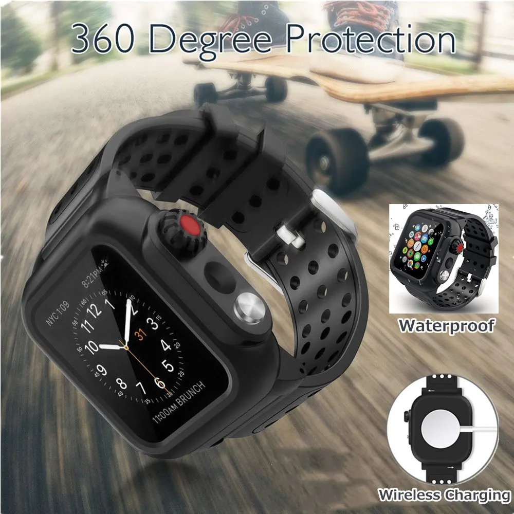 Для Apple Watch Band SE Series 6 5 4 3 2 Водонепроницаемый чехол + Силиконовый ремешок для iWatch