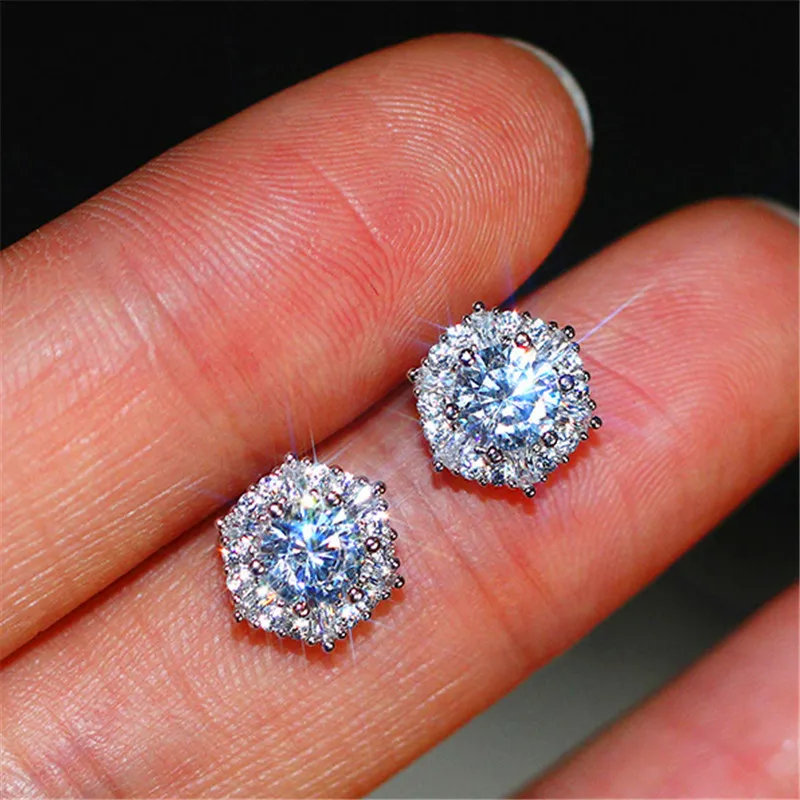 

Female Luxury Crystal White Zircon Earrings For Women Simple 925 Sterling Silver Filled Stud Earring Dainty Double Side Ear Stud