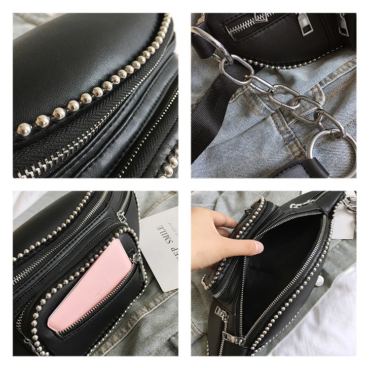 LJT Luxury Design Women PU Leather Waist Bag Female Rivet Casual Fanny Packs Belt Bag Handbag and Purse Female Mini Chest Bags