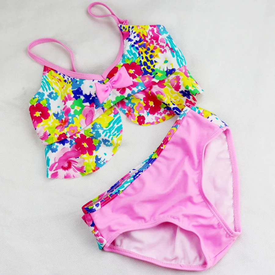 High Quality Cute Lace Flowers Bikini Children's Swimwear Girls Split