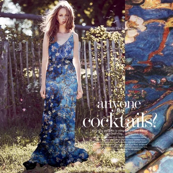 

1 Meter Chiffon Fabric Summer Material Print Fully Thin Silk Beach Dress Van Gogh Apricot Flowers Blooming