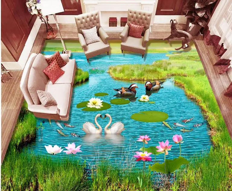 

custom 3d floor Lotus mandarin duck Figure wallpaper mural 3d flooring wallpaper for bedroom pvc roll floor vinyl-sticker-roll