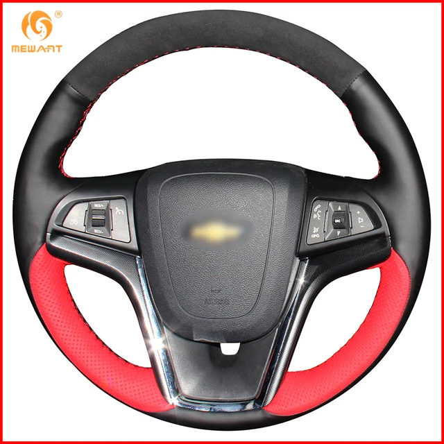MEWANT Black Red Genuine Leather Black Suede Car Steering Wheel Cover