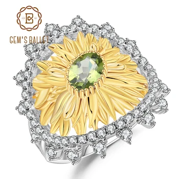 

GEM'S BALLET 1.00Ct Natural Peridot Gemstone Sunflower Rings 925 Sterling Silver Handmade Ring for Women Bijoux Fine Jewelry