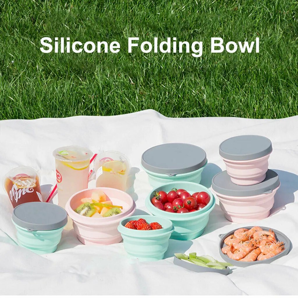 

Outdoor Portable Silicone Folding Bowl With Lid Folding Cup Picnic Travel Bowl Camping Collapsible Cups Tableware With Cup Cover