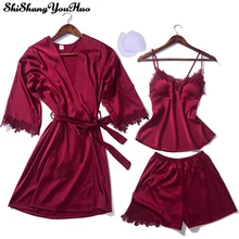 Женская атласная пижама, 3 предмета, пижама, кружевная Пижама, пижама для сна, шелковая ночная Домашняя одежда, халат и платье, комплекты, спортивный костюм