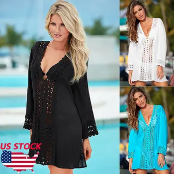 

New Summer Women Lace Crochet Shirts Long Sleeve V Neck Cover Up Swimwear Bathing Suit Summer Beach Long Blouses New