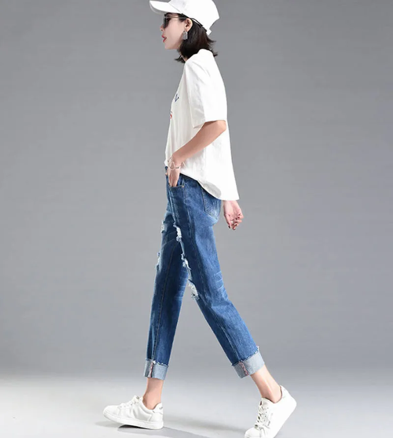 Летние женские джинсы с дырками с высокой талией, повседневные облегающие Женские брюки размера плюс