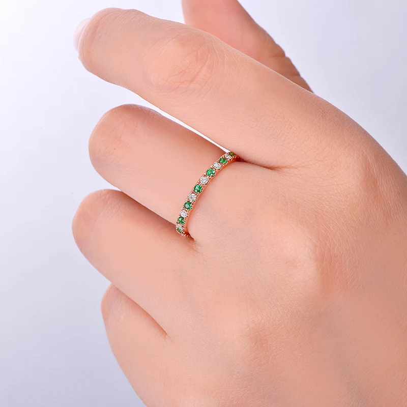0.12ct G-H SI1 натуральный бриллиант и 0.12ct ИЗУМРУД 14K розовое золото обручальное кольцо