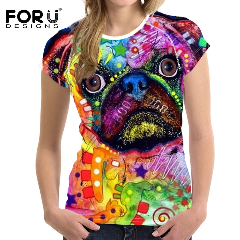 

FORUDESIGNS T-Shirt Women Top Tees Clothing Female Fashion Tshirt Blusa 3D Bright Pug Painting Pitbull Cat Dog T Shirt Tops