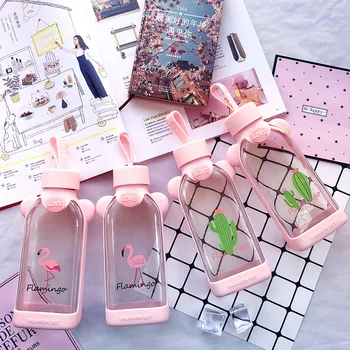 

2018 Creative Cartoon Cute Flamingo Cactus Square Glass Water Bottlewith Silicone Botton Women Girl Office School Drink Bottle