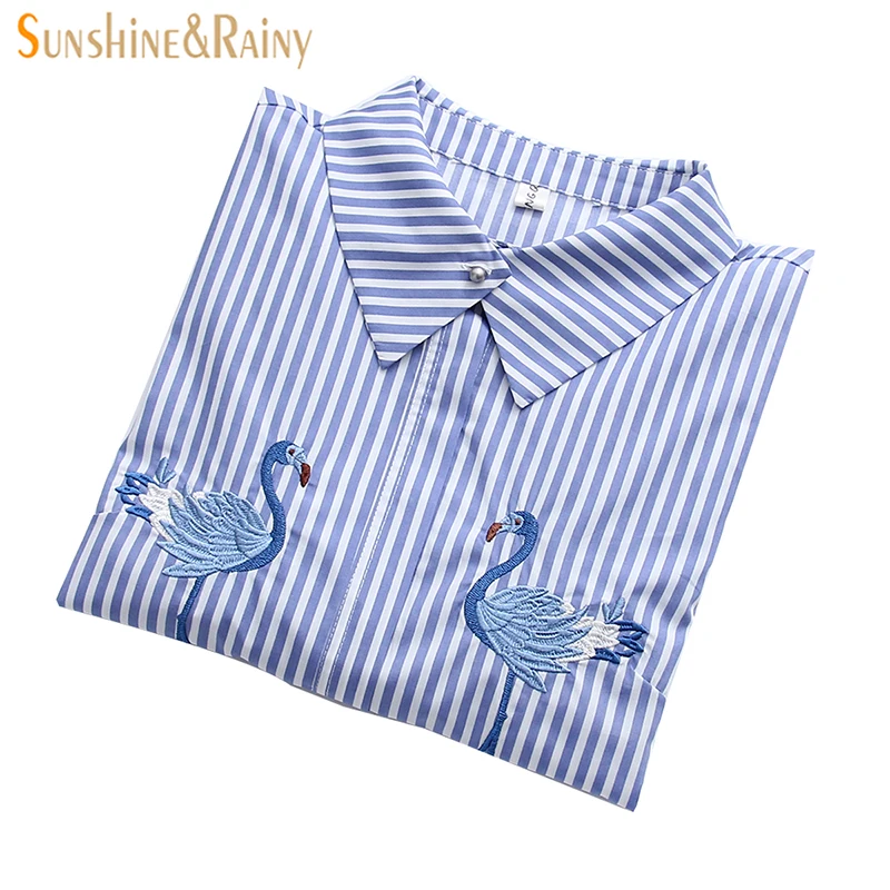 

2018 Spring Autumn Embroidery Flamingo Striped Shirt Loose All-match Blouse Shirt Female Students Long Sleeved Shirt Tops New