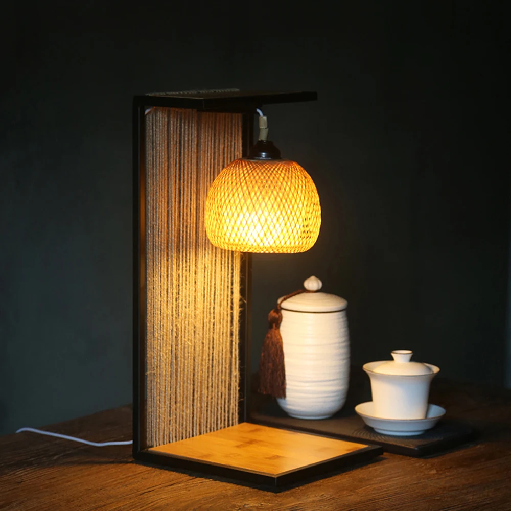 110 240V Japanese Antique Woven Bamboo Table Lamp Living Room