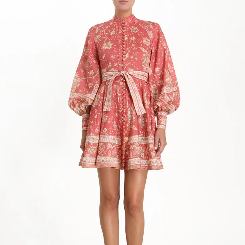 

Autumn Dress New Fashion 2019 Women's Linen Stand Lantern Long Sleeve Shirt Dress Floral Print Button Elegant Belt Mini Dress