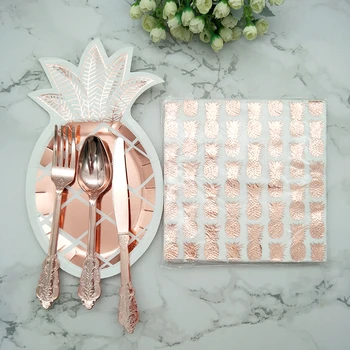 

16Set Rose Gold Disposable Tableware Set Foil Pineapple Paper Plate Napkin Vintage Plastic Spoon/Knife/Fork Baby Shower Supplies
