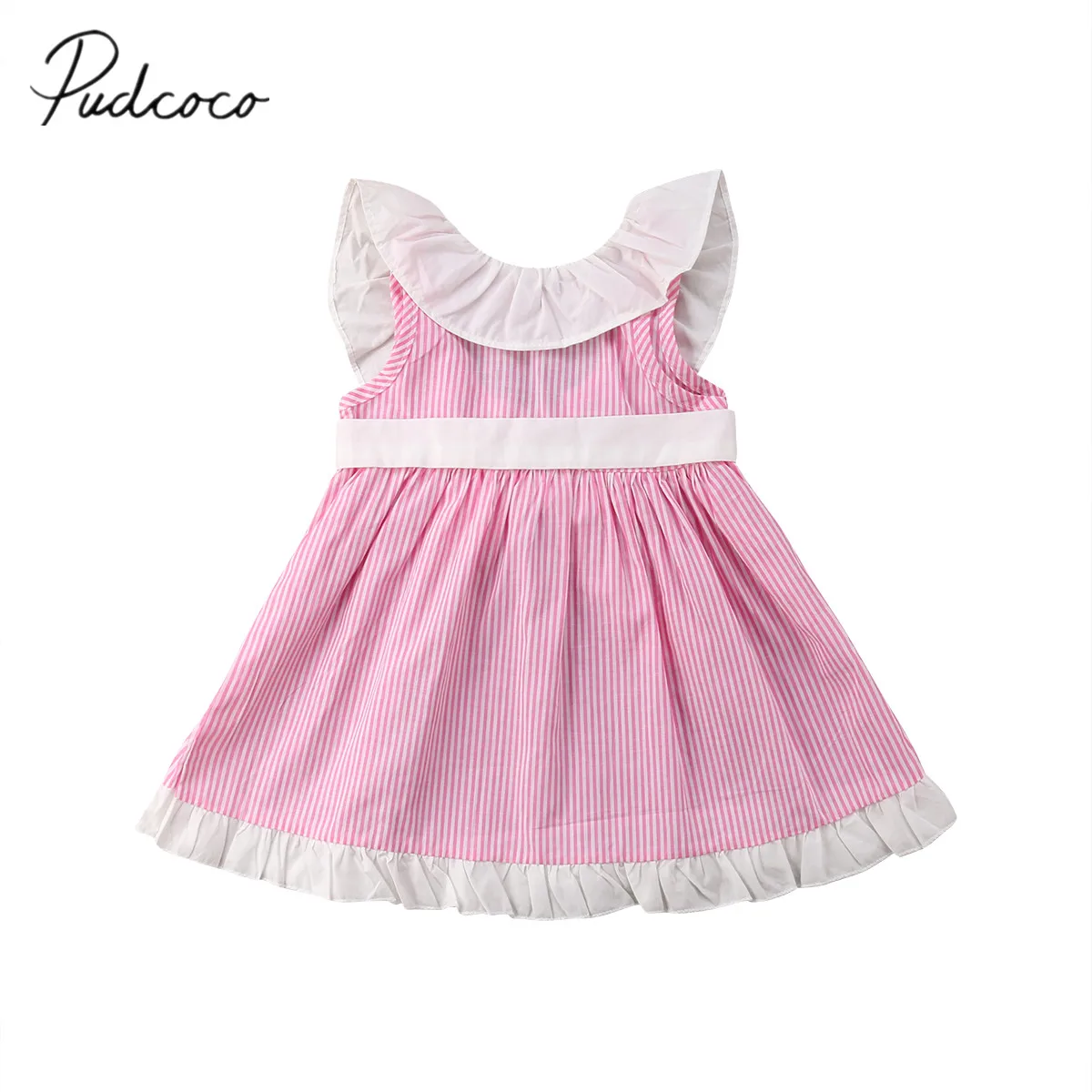 

2018 Brand New Summer Princess Sweet Toddler Baby Girls Dress Petal Sleeve Ruffles Striped Knee-Length Sashes Pink Dress 6M-4Y
