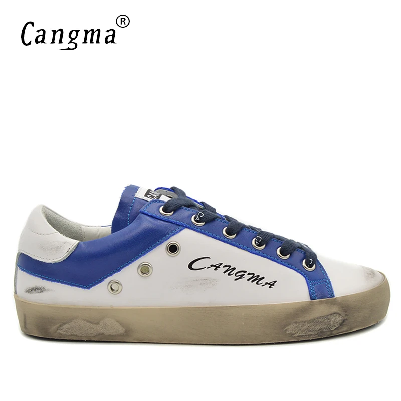 

CANGMA Original 100% Genuine Leather Handmade Luxury Men Sneakers White And Blue Korean Style Minimalist Shoes Man Retro Shoes