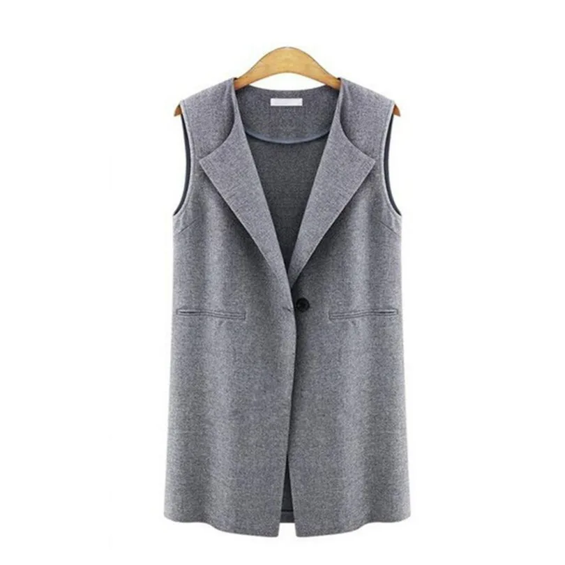 Autumn Vest Women Black Grey Solid Casual Women Vests For Winter Single Button And Pockets Turn