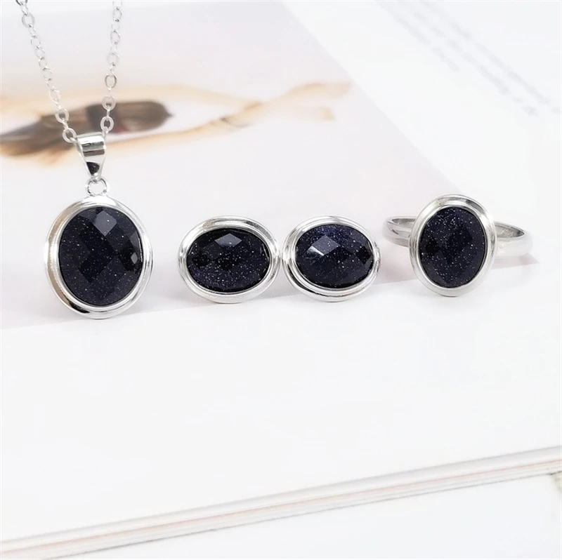 

Glitter Blue Onyx Agate Blue Turquoise Natural Gem Stone 925 Sterling Silver Vintage Jewelry Set Women Necklace Earring Ring Set