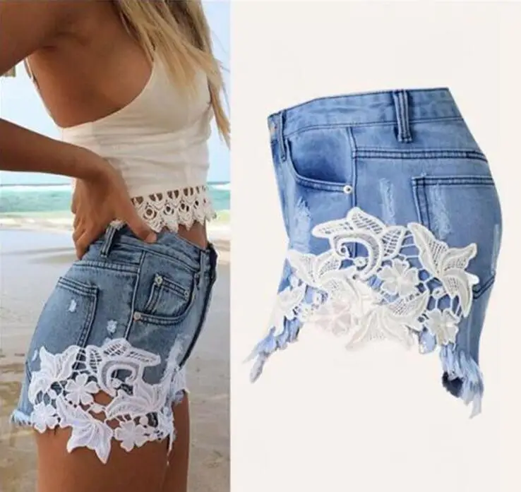 Europe Blue Lace Denim Shorts For Women 2018 Summer New Brand Trendy