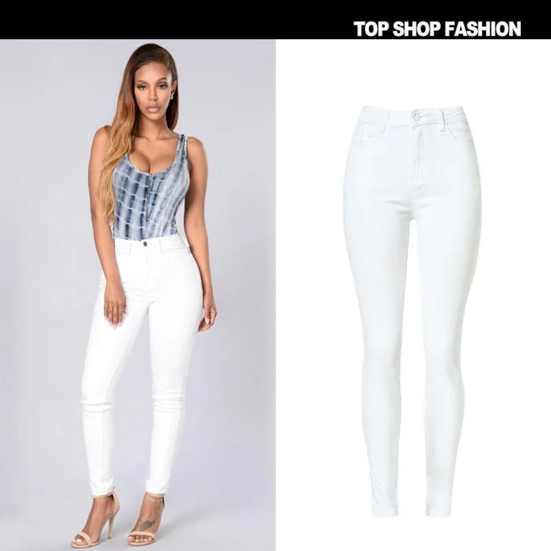 

New 2016 Women's Vintage High Waist White Jeans Pencil Stretch Denim Pants Female Slim Skinny Trousers Plus Size Calca Jeans