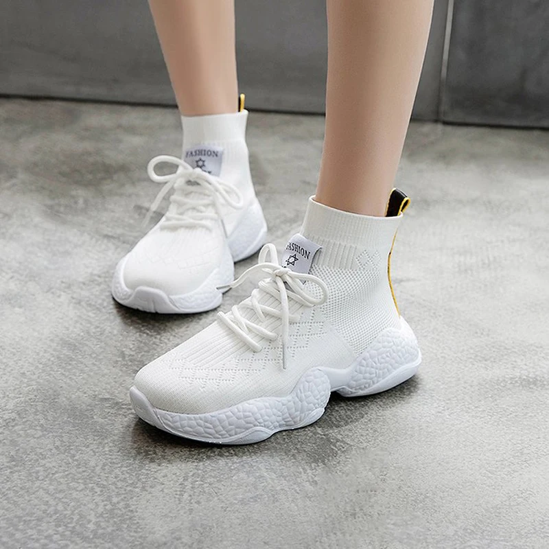

Tangnest New Sneakers Breathable Vulcanize Shoes Women Mesh Ankle Boots Platform Lace-up High Top Sock Sneakers Creepers XWX7329